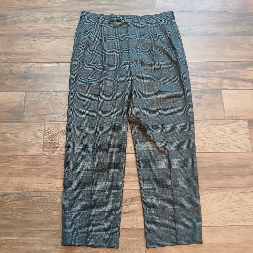 The Kensington Collection Pants Mens 37x31 Charcoal Plaid Pleated Wool Baggy‎